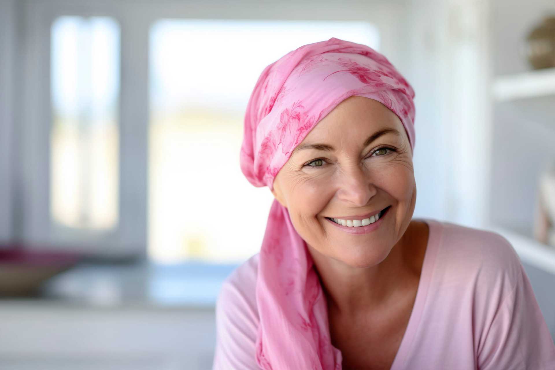 Smiling woman in pink headscarf at home.