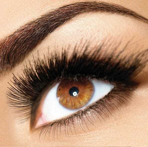 Close-up of an eye with long, thick eyelashes and well-defined eyebrow.